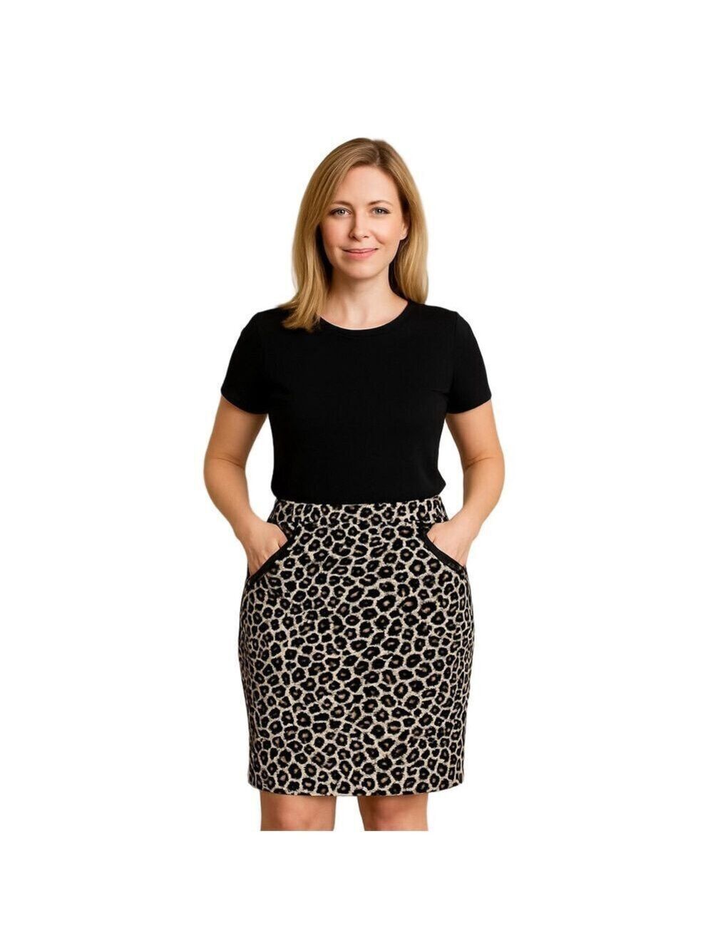 Amanda & Chelsea Black and Cream Pencil Leopard Print Skirt Sz 6